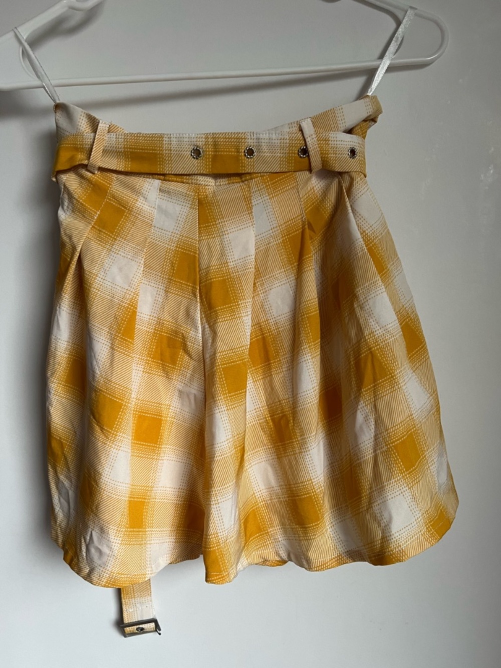 Women’s Girls Mustard Yellow and White Pleated Plaid Skirt with Belt.